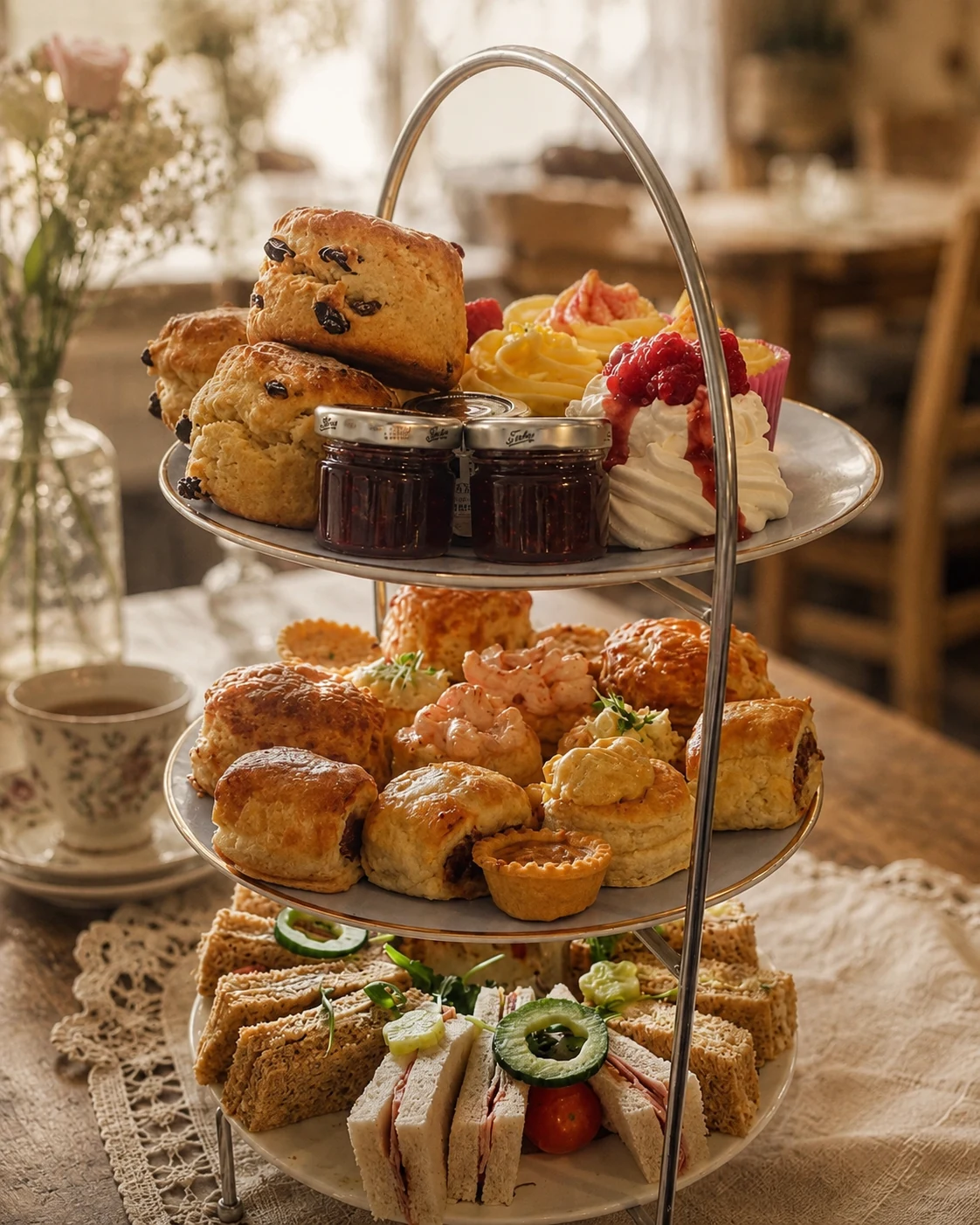 Traditional afternoon tea stand with sandwiches, scones and cakes