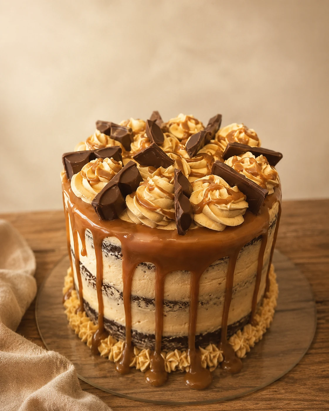 Caramel drip cake with chocolate pieces