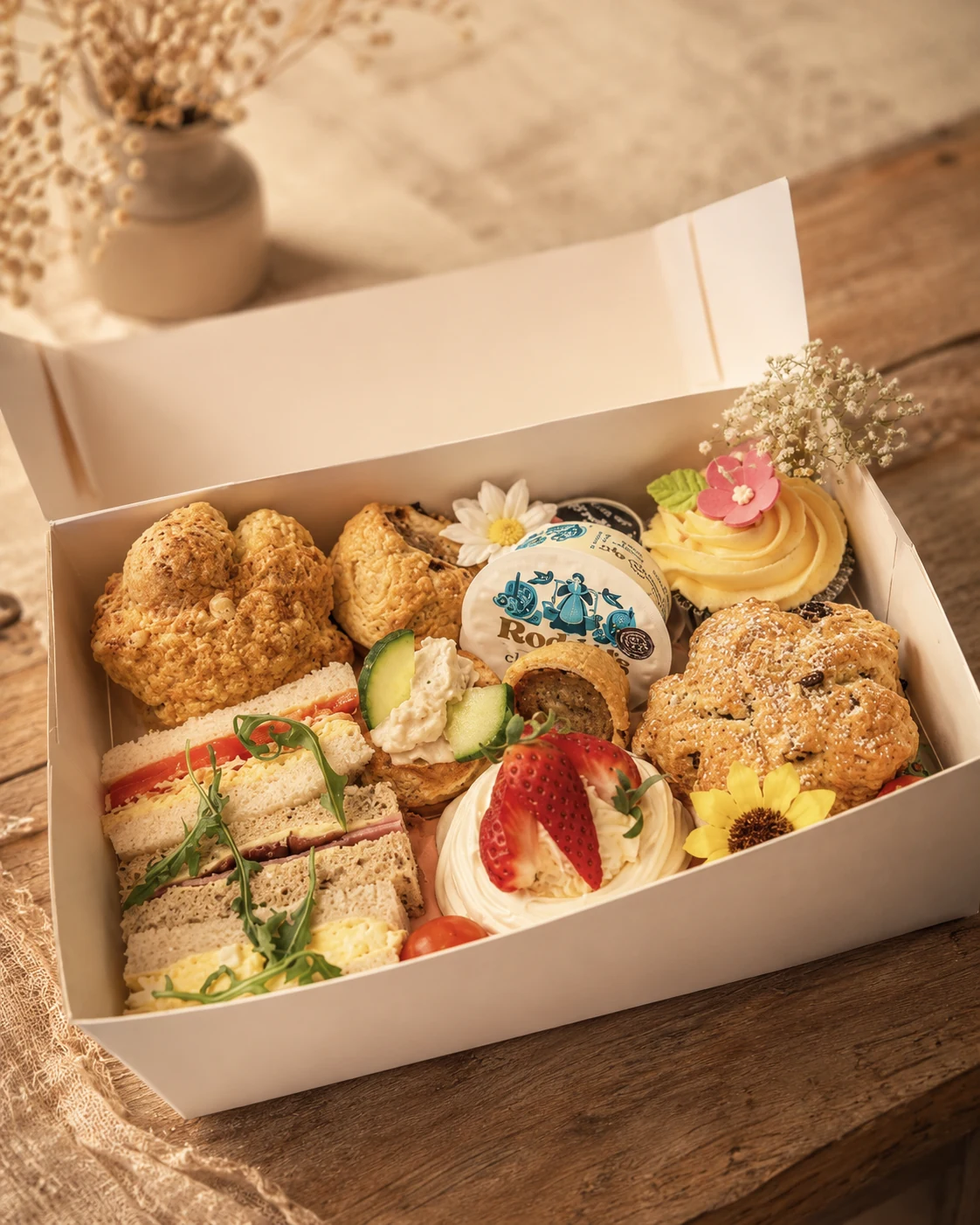 Afternoon tea box filled with sandwiches, scones and handmade cakes